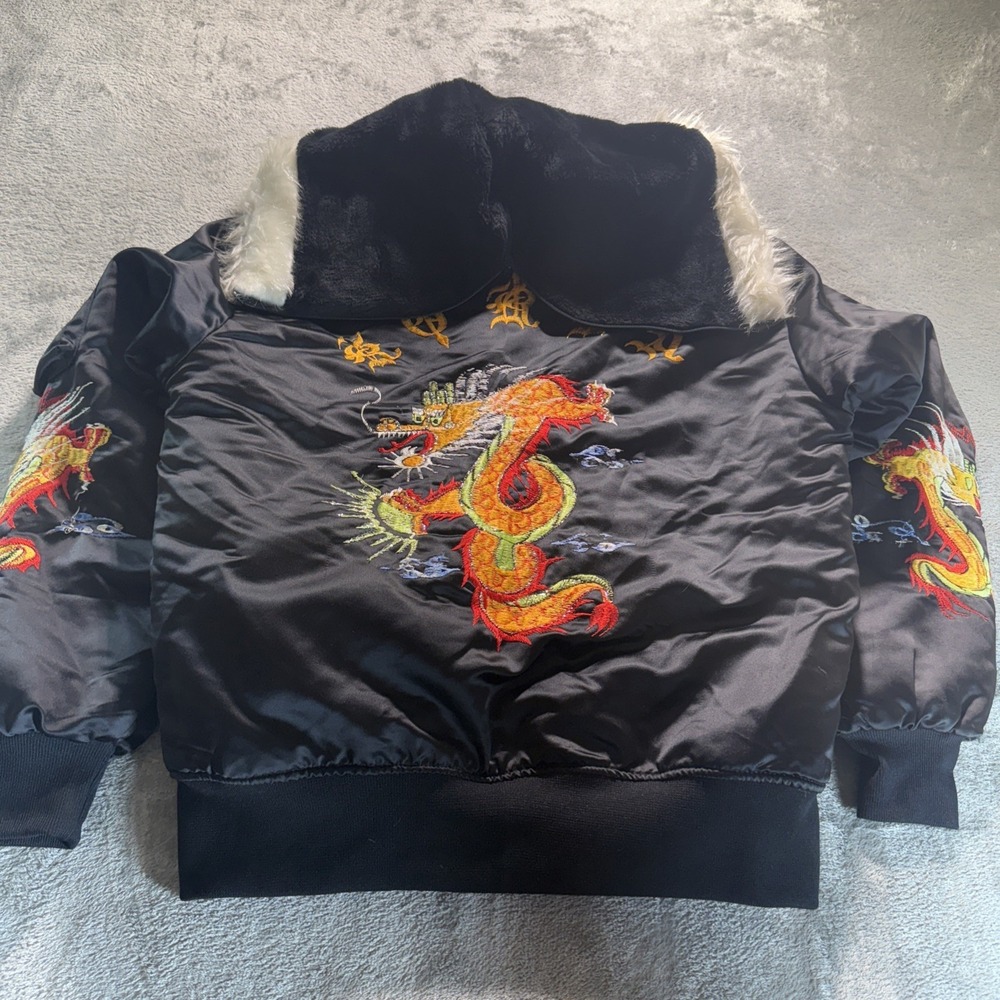 Vintage 70s Sukajan Dragon Stitched Korean Souvenir K-Jacket Removable Hood Sz M